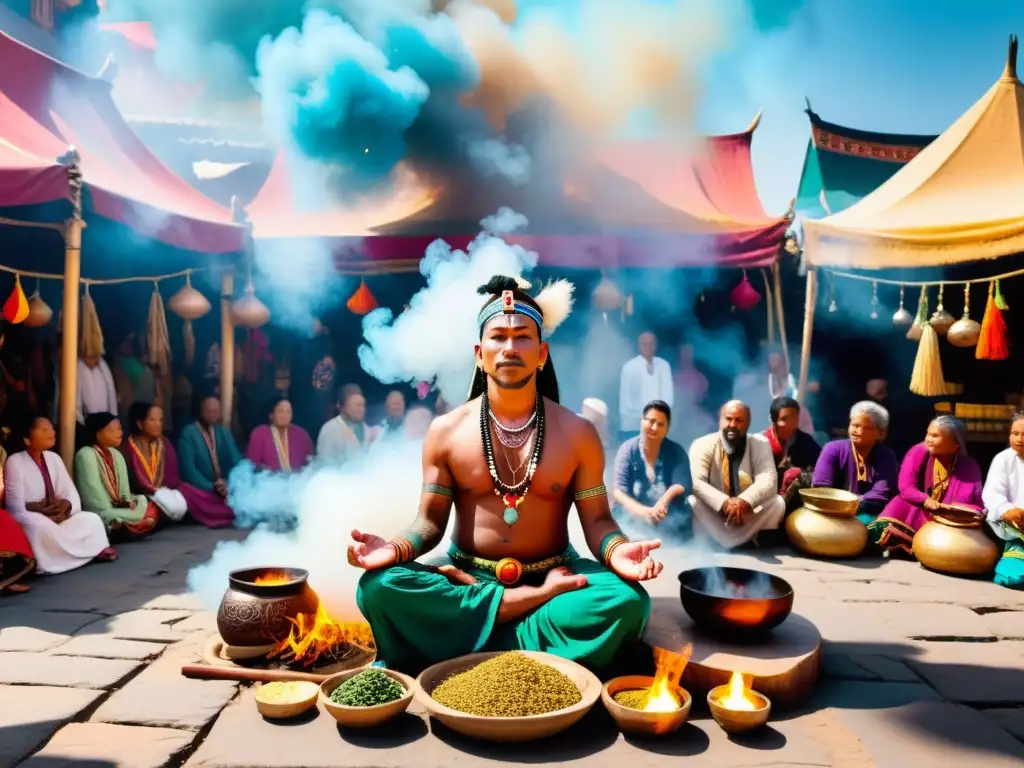 Un chamán tradicional en un bullicioso mercado, realizando un ritual sagrado entre una diversa multitud