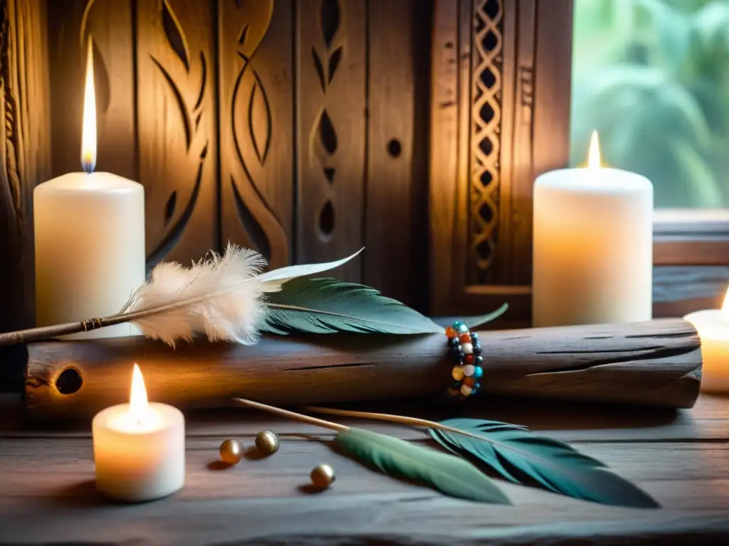 Staff chamánico con plumas y símbolos, reposa en un altar de piedra con velas y hierbas aromáticas