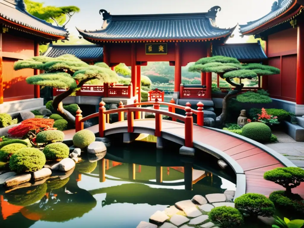 Un jardín chino tradicional con bonsáis, estanque de peces koi, puente de madera y puerta roja con influencia del Feng Shui en Spas