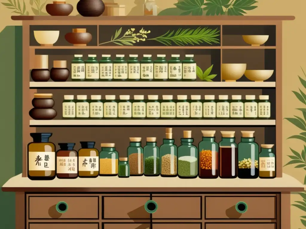 Apothecary chino tradicional con estantes repletos de hierbas, evocando la historia de los aceites esenciales en la medicina tradicional china