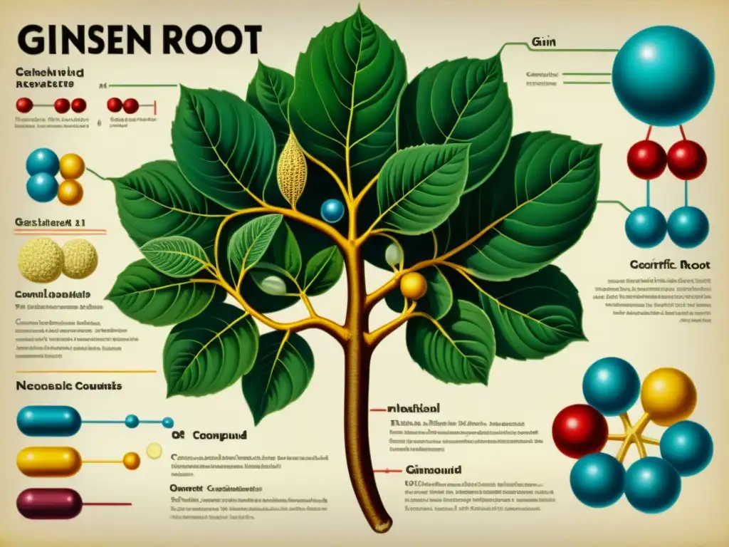 Una ilustración científica detallada en 8k de la raíz de ginseng, con sus componentes químicos y propiedades medicinales