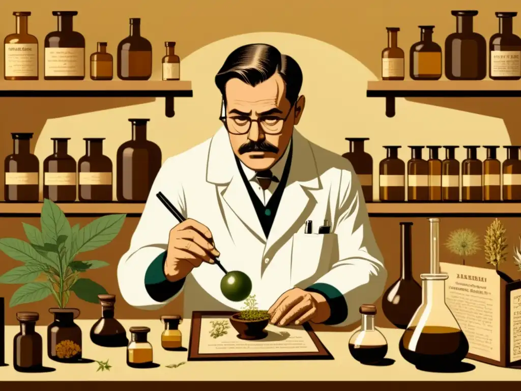 Un científico examina una antigua hierba medicinal en su laboratorio, rodeado de dibujos botánicos y equipo científico vintage