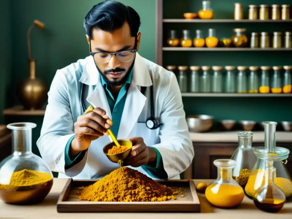 Un científico en bata de laboratorio extrayendo esencia de raíces de cúrcuma con herramientas tradicionales en un ambiente vintage