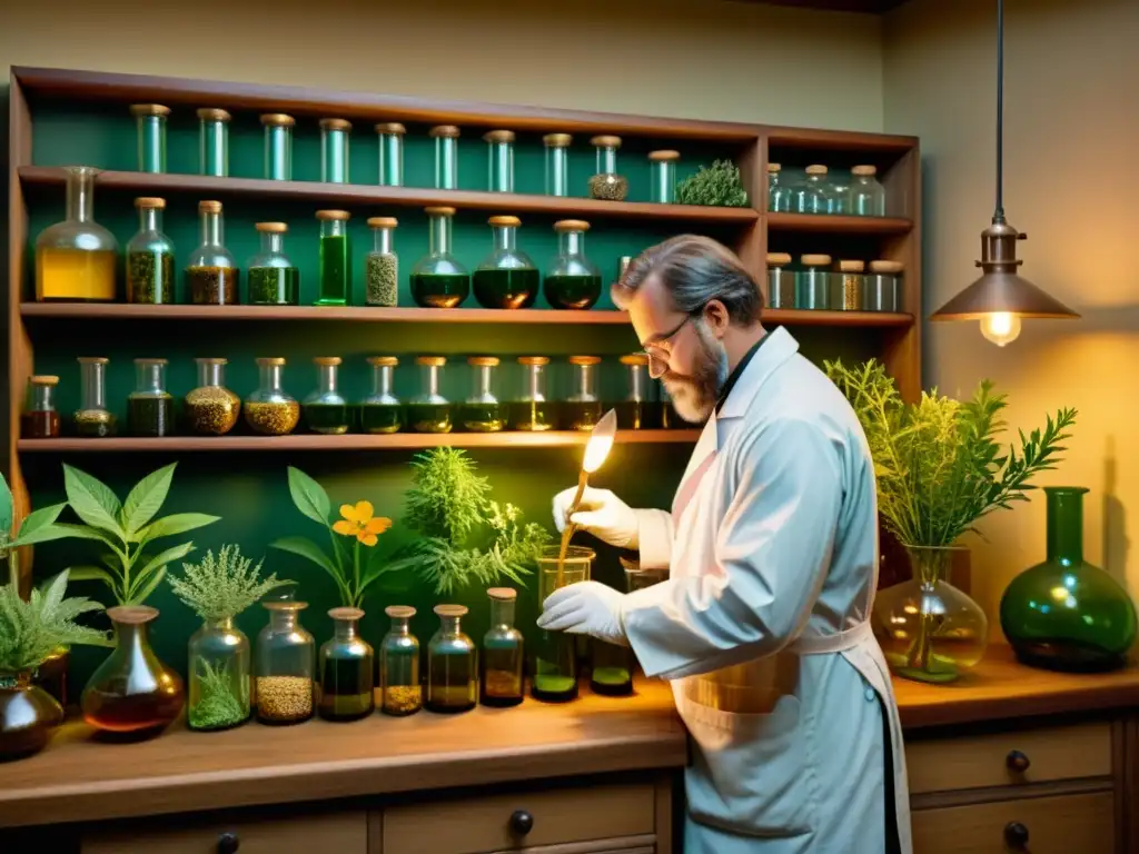 Un científico extrae compuestos de plantas medicinales en un laboratorio retro iluminado, evocando avances científicos en fitoterapia tradicional