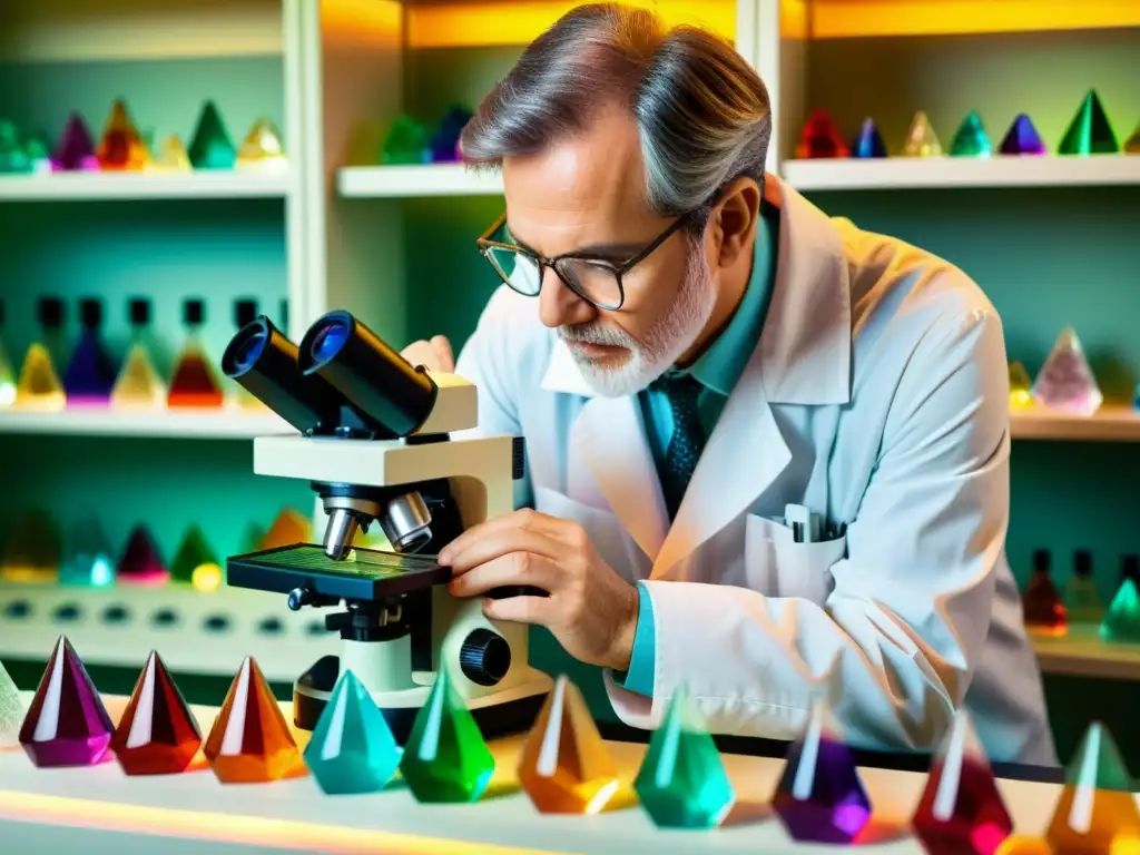 Exploración científica de cristales: una imagen vintage fascinante Un científico examina cristales bajo un microscopio, transmitiendo la esencia de las investigaciones modernas en litoterapia