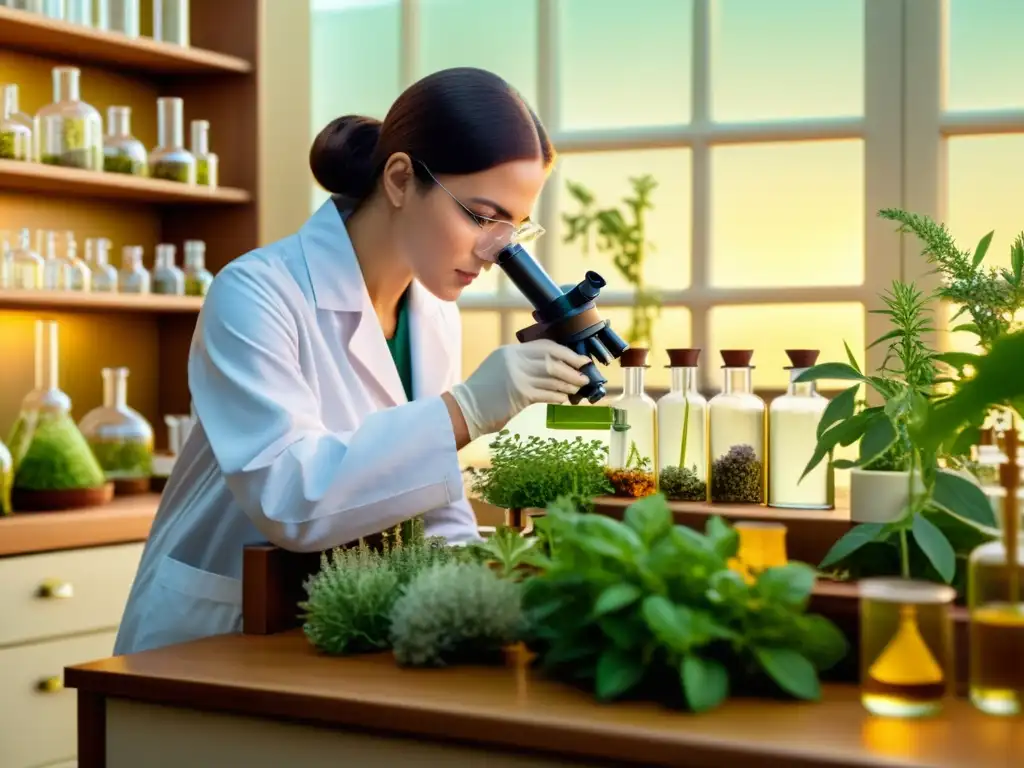 Un científico examina cuidadosamente hierbas en un laboratorio vintage, destacando el impacto en el sistema endocrino