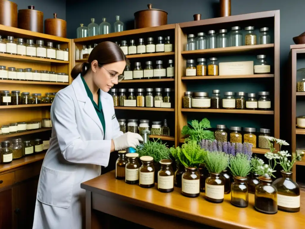 Un científico examina hierbas medicinales en un laboratorio vintage, evocando dedicación a la seguridad en farmacovigilancia