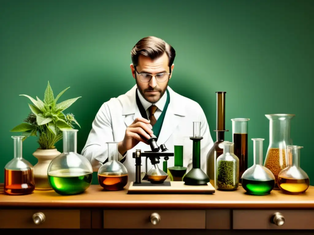 Un científico examina ingredientes naturales en un laboratorio vintage, evocando escrutinio científico en tratamientos naturales