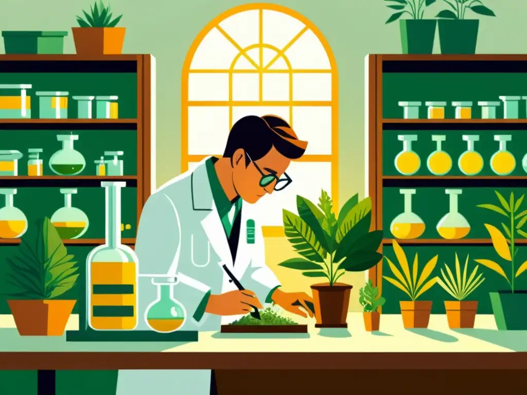 Un científico de laboratorio extrae compuestos de plantas en un entorno vintage