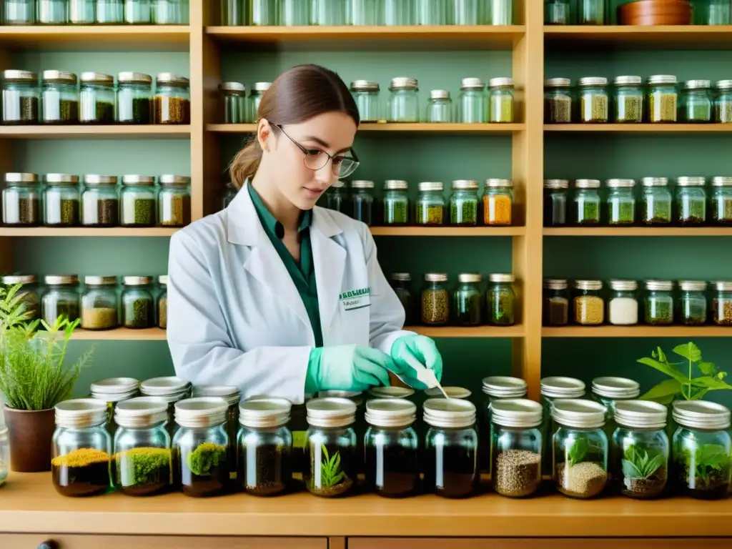 Un científico preserva plantas medicinales en un laboratorio vintage con meticulosidad y reverencia
