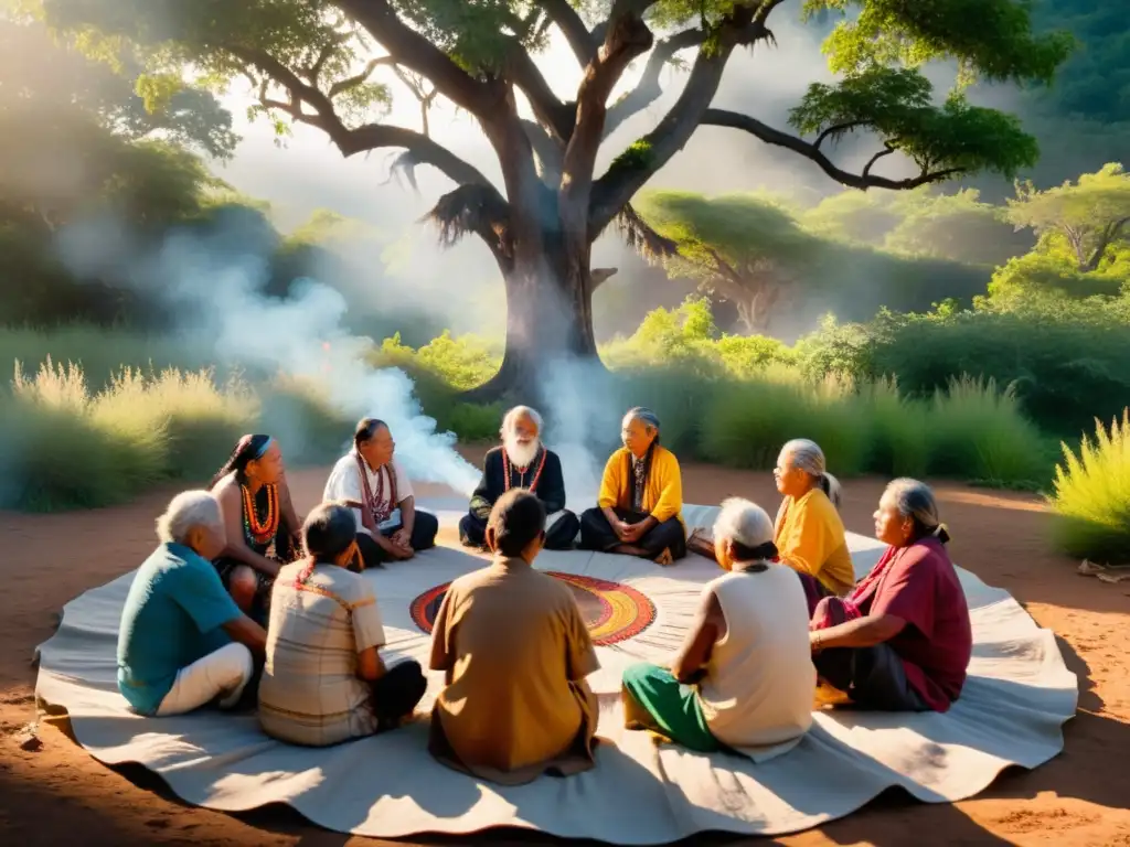 Un círculo de ancianos indígenas realiza una ceremonia de curación con medicina tradicional, rodeados de naturaleza exuberante y árboles antiguos