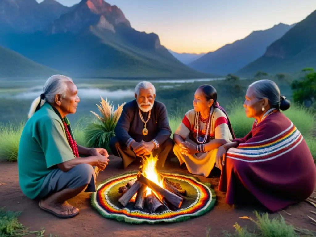 Un círculo de ancianos indígenas prepara remedios naturales, vestidos con trajes tradicionales