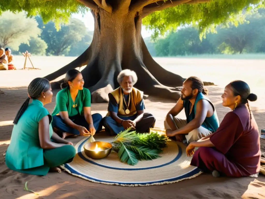 Un círculo de curanderos indígenas bajo un árbol, preservación de la medicina indígena certificaciones en una ritual sagrado