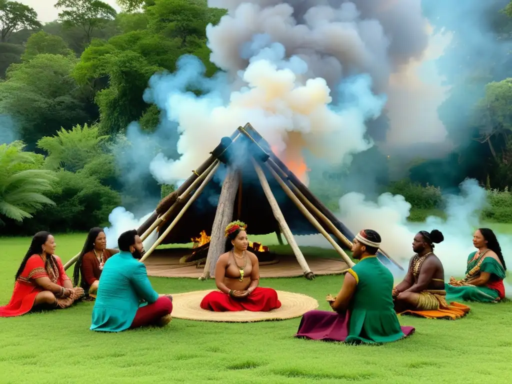 Un círculo de diversidad en ceremonia de medicina tradicional en retiros especializados, con humo de hierbas y ambiente espiritual