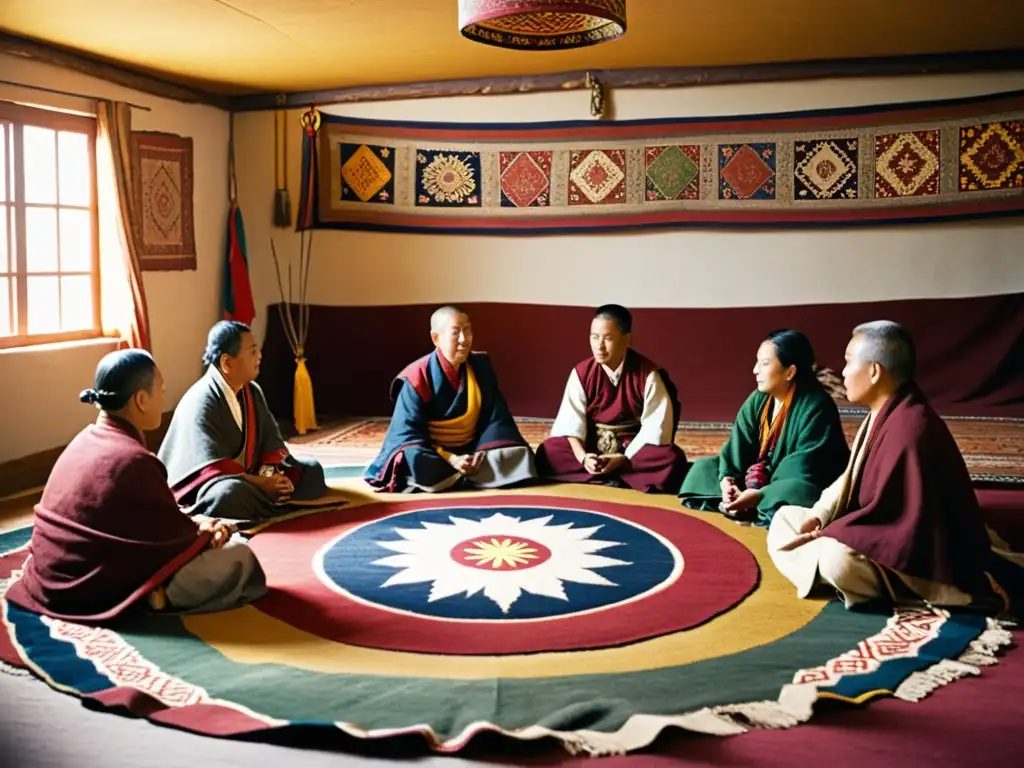 Conversación profunda: Seminario tibetano en ambiente acogedor Un círculo de participantes tibetanos en seminario, inmersos en conversaciones profundas, rodeados de elementos tradicionales