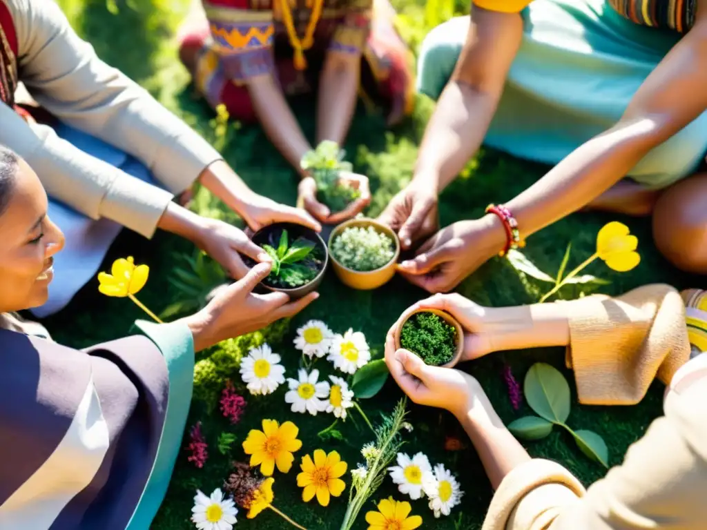 Un círculo de personas participando en un ritual de fitoterapia autóctona en un entorno natural, rodeados de plantas y flores silvestres