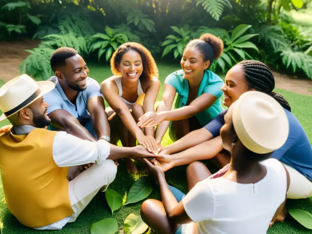 Un círculo de personas sonrientes y felices se reúnen al aire libre entre vegetación exuberante en un ritual de alegría y salud