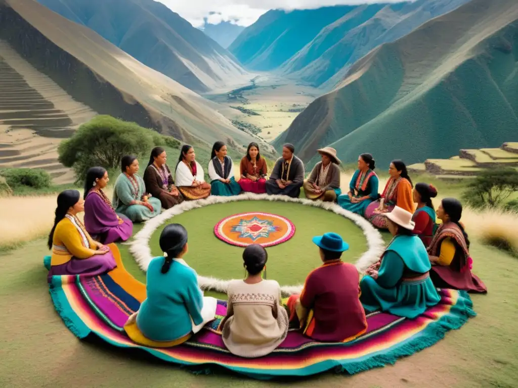 Un círculo de personas participa en talleres de medicina ancestral andina, rodeado de montañas andinas y sanadores tradicionales