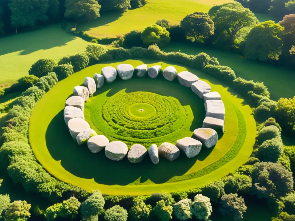 Un círculo de piedras antiguas en un paisaje exuberante al atardecer, evocando la medicina tradicional y el rol sagrado de este sitio de sanación