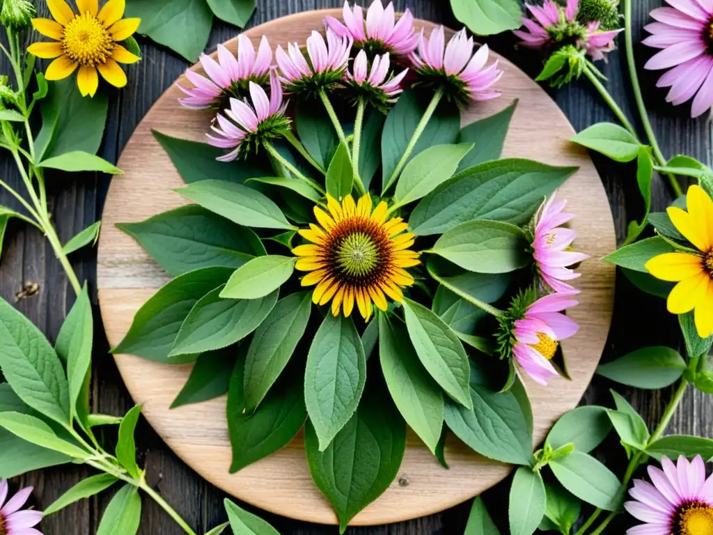 Un círculo de plantas medicinales en una mesa rústica, bañado por luz suave