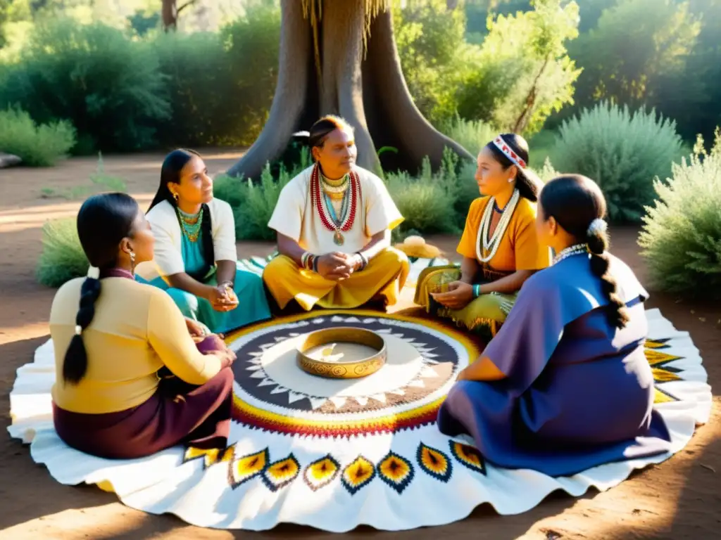 Un círculo de sanadores indígenas en preparación ceremonial rodeados de hierbas medicinales y herramientas tradicionales