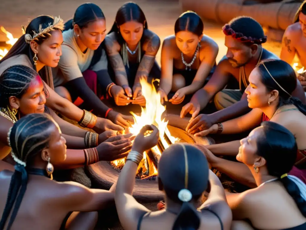 Un círculo de sanadores indígenas de diversas culturas en una ceremonia de medicina tradicional, compartiendo sabiduría ancestral