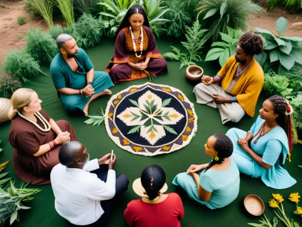 Un círculo de sanadores tradicionales de diversas culturas realizando una ceremonia de sanación entre plantas medicinales