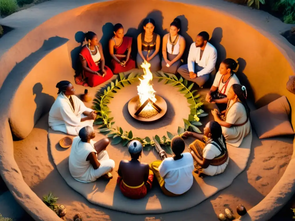 Un círculo de sanadores tradicionales de diversas culturas, iluminados por el fuego, rodeados de plantas medicinales y artefactos antiguos