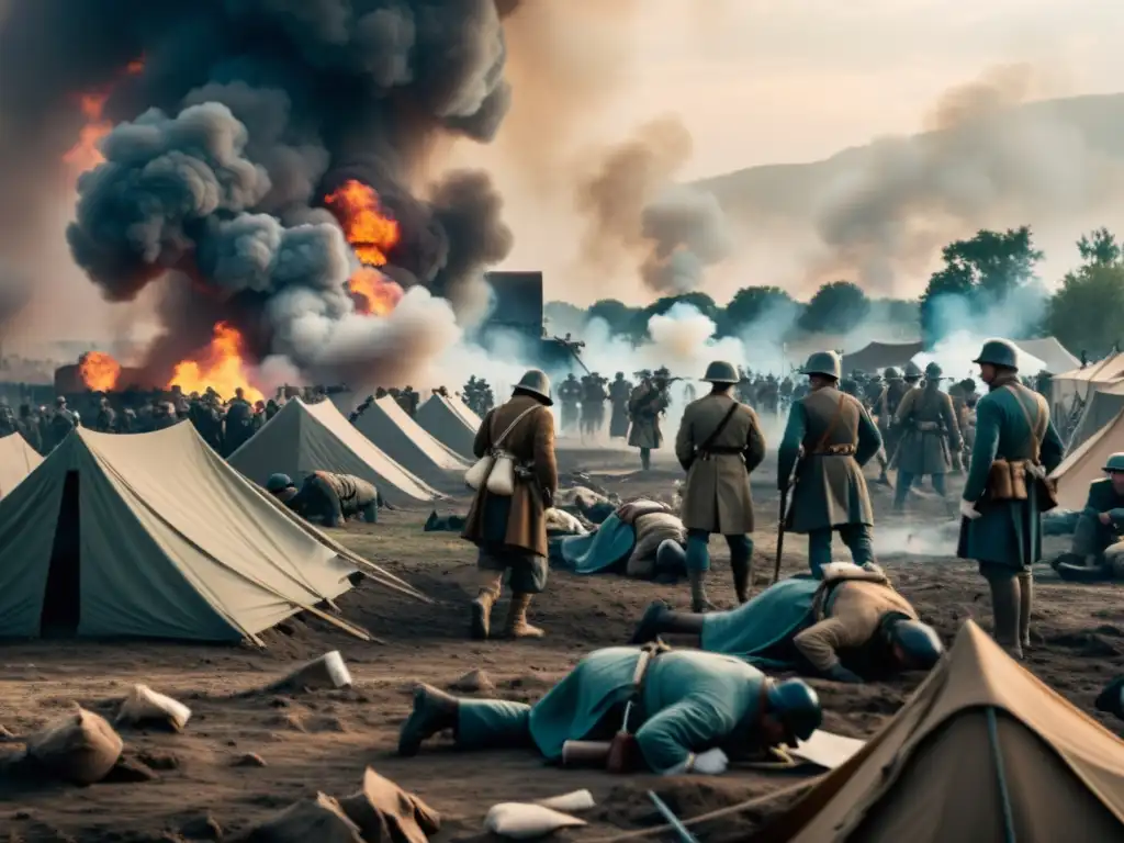 Cirugías de campo en la historia de la guerra: médicos operando en un campo de batalla caótico y lleno de humo, con tiendas médicas al fondo