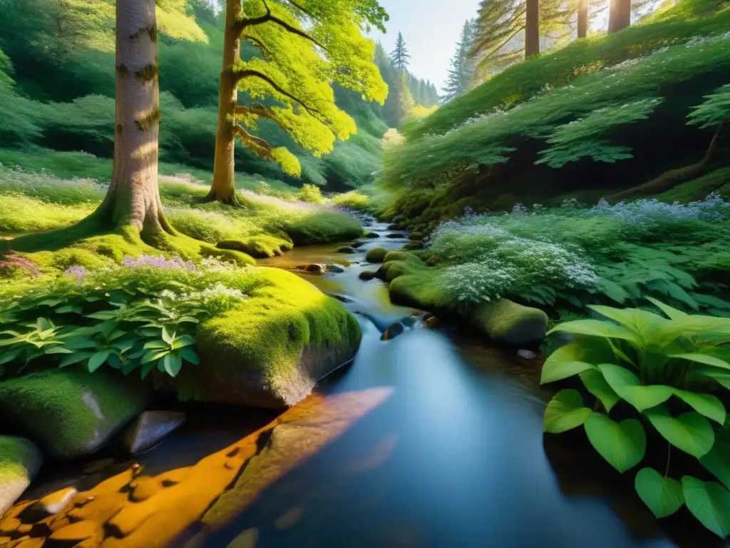 Un claro de bosque sereno y soleado en 8k, con un arroyo y árboles antiguos, evoca la armonía y la sanación de elementos de la medicina tradicional