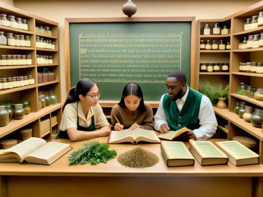 Clase de medicina tradicional con estudiantes y profesor, ambiente cálido y sabiduría