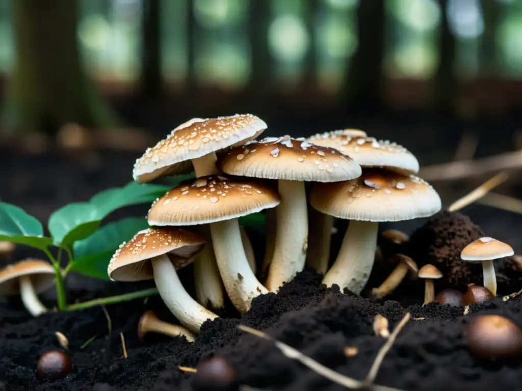 Cluster de setas shiitake en suelo húmedo, reflejando luz en bosque