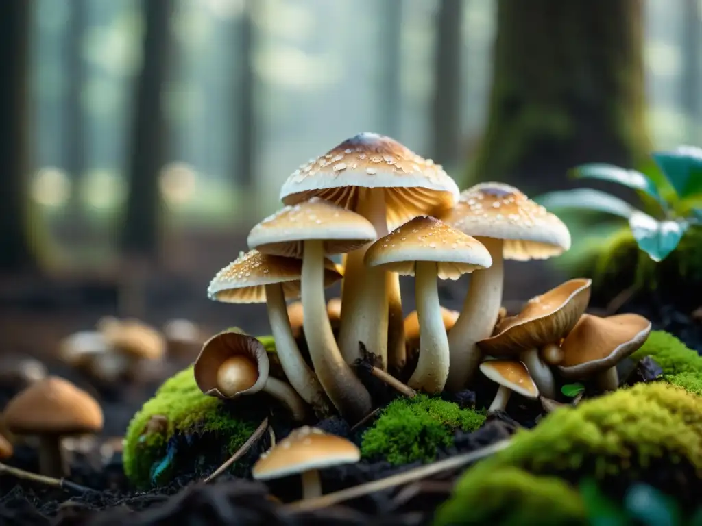 Cluster de shiitake en tierra húmeda, rodeado de neblina