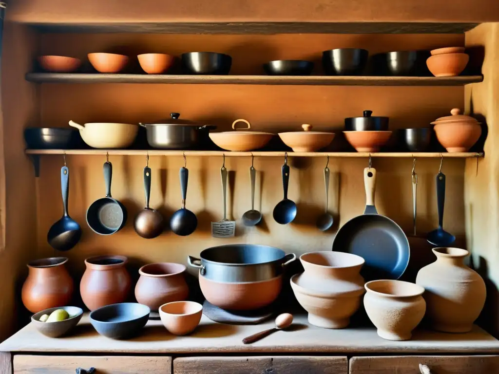 Una cocina ancestral con muebles de madera envejecida, utensilios de cocina y ingredientes