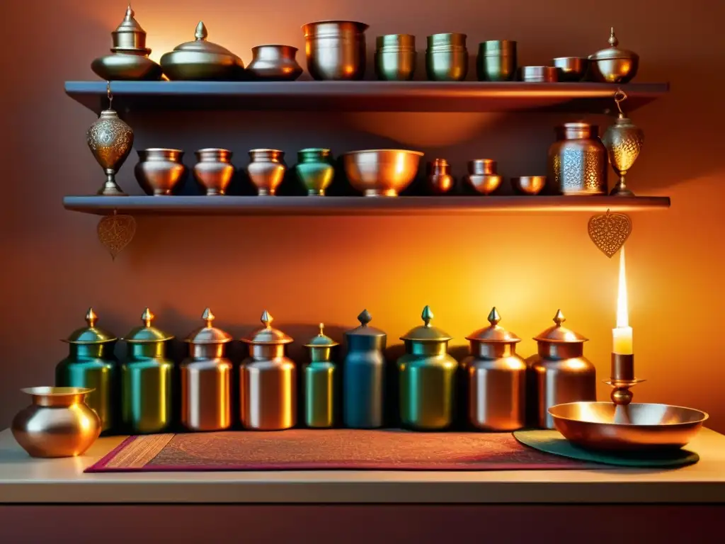 Una cocina ayurvédica tradicional con especias coloridas en frascos, utensilios de cobre y tapices ornamentados, iluminada por velas