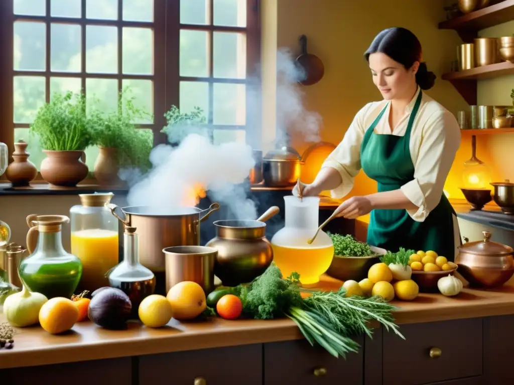 Una cocina bulliciosa donde el cocinero transforma alimentos en medicina tradicional, evocando sabiduría atemporal