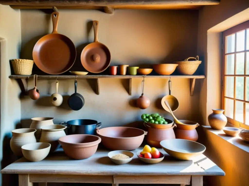 Una cocina rústica llena de utensilios tradicionales y productos frescos