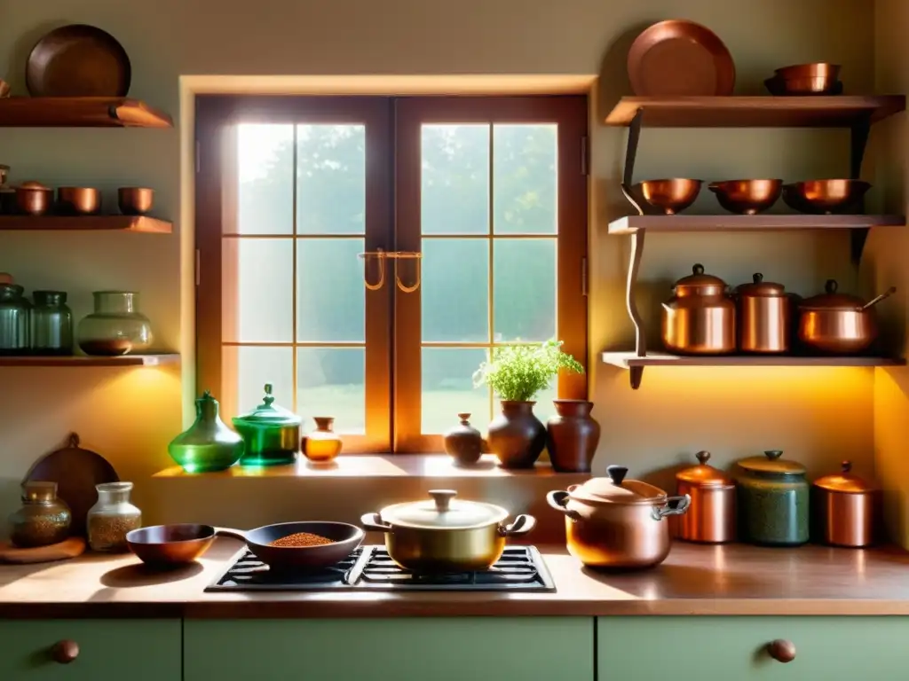 Una cocina serena de estilo vintage con tonos cálidos y una mesa de comedor de madera