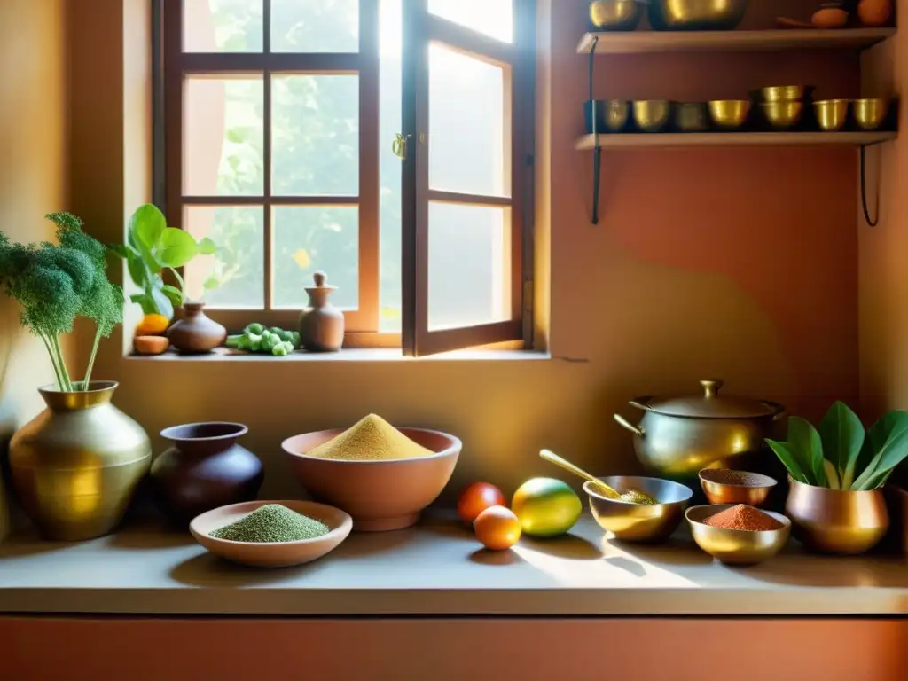 Una cocina Ayurveda serena llena de productos frescos y coloridos en utensilios tradicionales