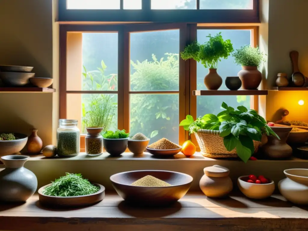 Una cocina vintage llena de alimentos curativos de la dieta Ayurveda, bañada por la cálida luz de la tarde