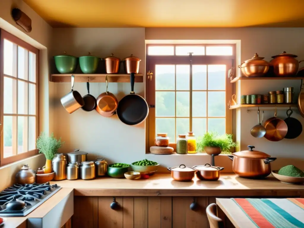 Una cocina vintage con utensilios de cobre, especias en frascos antiguos y una mujer preparando recetas Ayurveda entre elementos modernos