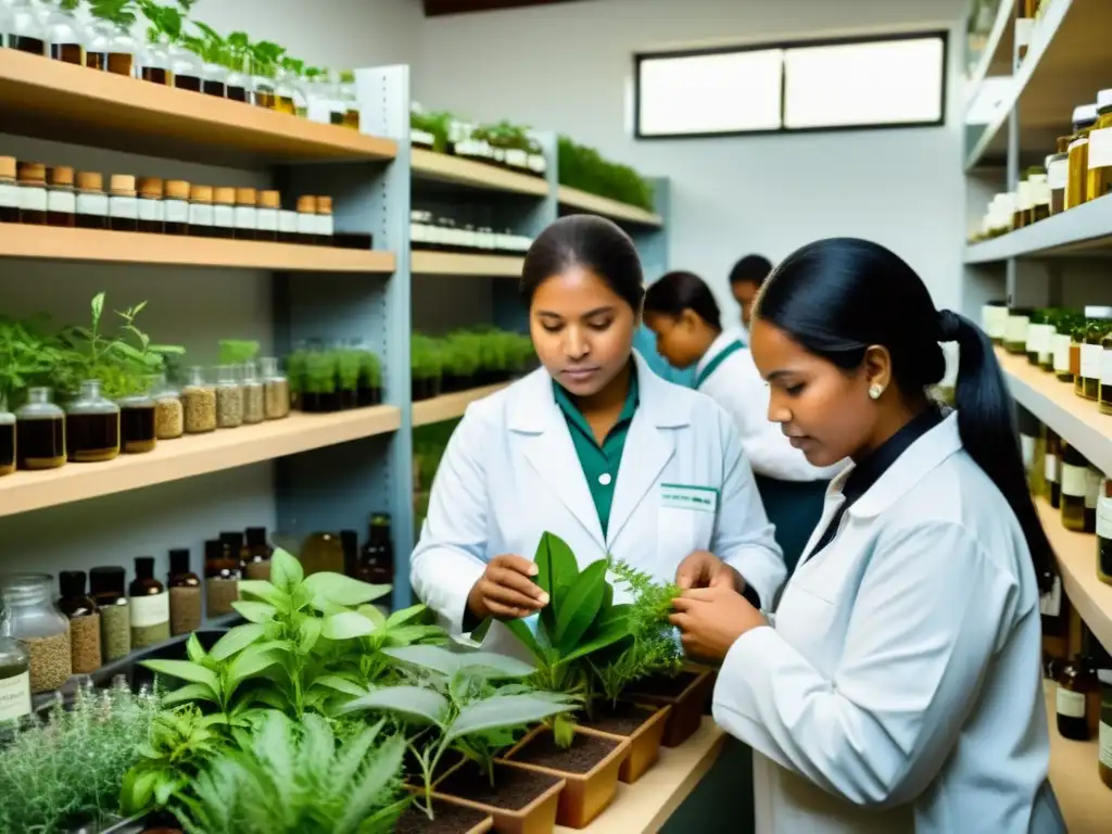 Colaboración entre sanadores indígenas y científicos en laboratorio con plantas medicinales