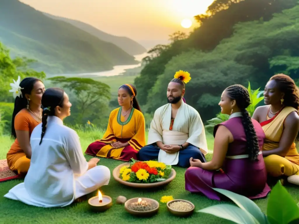 Colaboraciones interculturales en salud holística: Ceremonia de sanación con personas de diversos orígenes en un entorno natural sereno y armonioso al atardecer