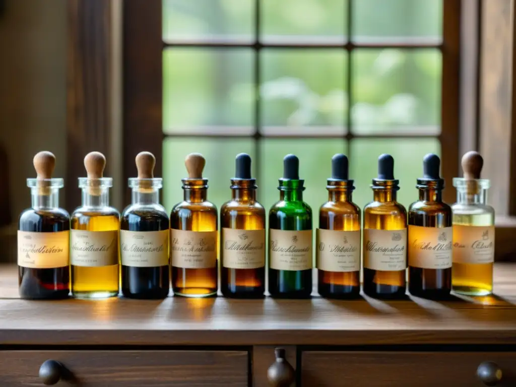 Colección de frascos de botica antiguos: sabiduría natural en tonos cálidos Una colección de antiguas botellas de farmacia en una mesa de madera envejecida, cada una etiquetada con caligrafía detallada