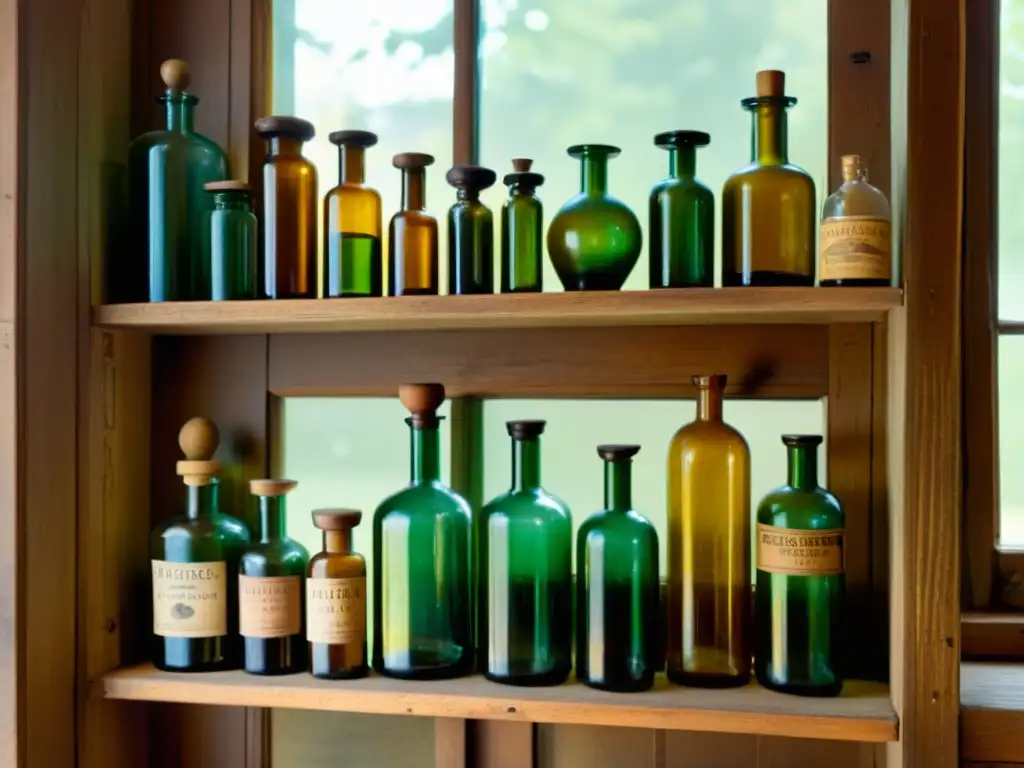 Antigua colección de botellas de farmacia: encanto vintage Una colección de botellas de farmacia antiguas en una estantería rústica, iluminadas por una suave luz cálida