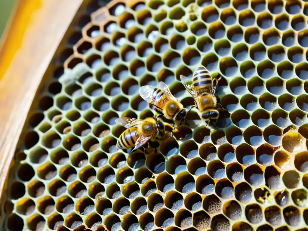 Una colmena próspera llena de actividad, con abejas trabajando en panales de miel