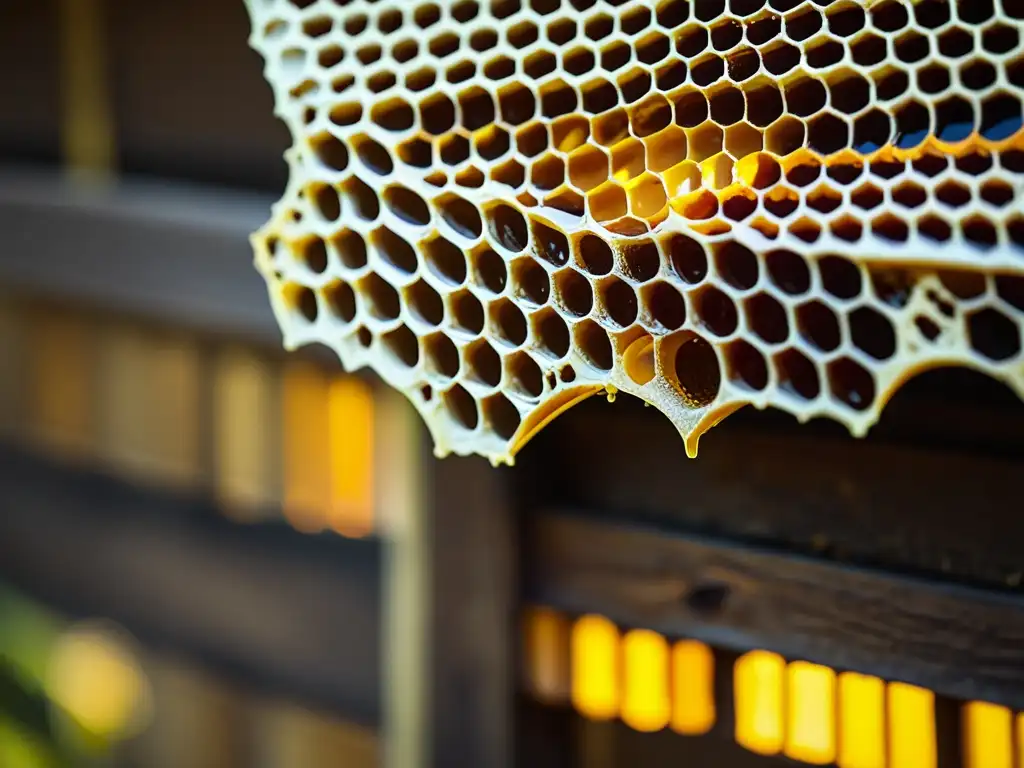 Una colmena vintage con miel dorada goteando, bañada por la luz solar, rodeada de abejas