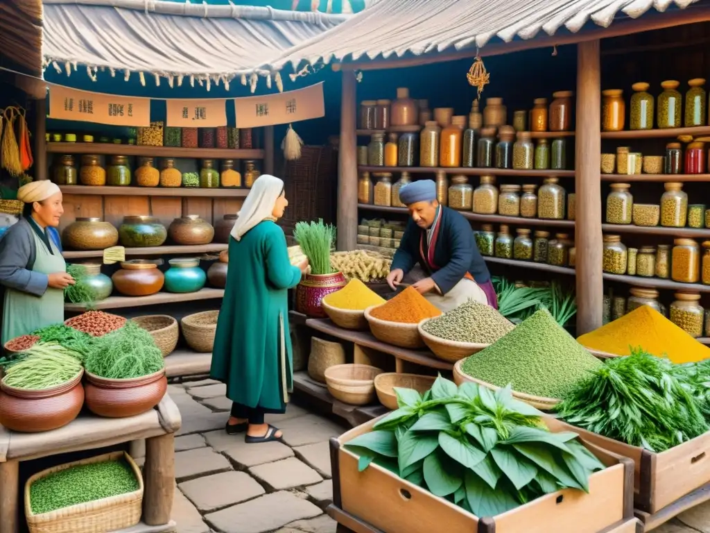 Colorido mercado de hierbas tradicionales en una bulliciosa plaza antigua