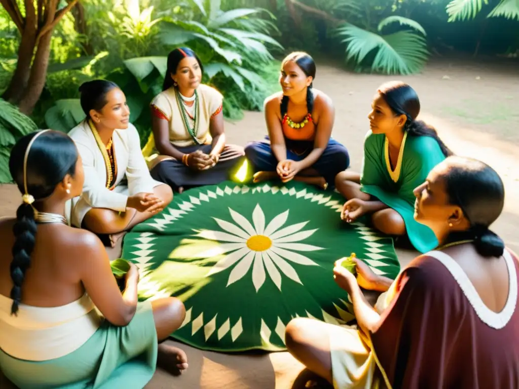 Comercio consciente de medicina tradicional: Sanadores indígenas en círculo, rodeados de vegetación exuberante, compartiendo sabiduría ancestral