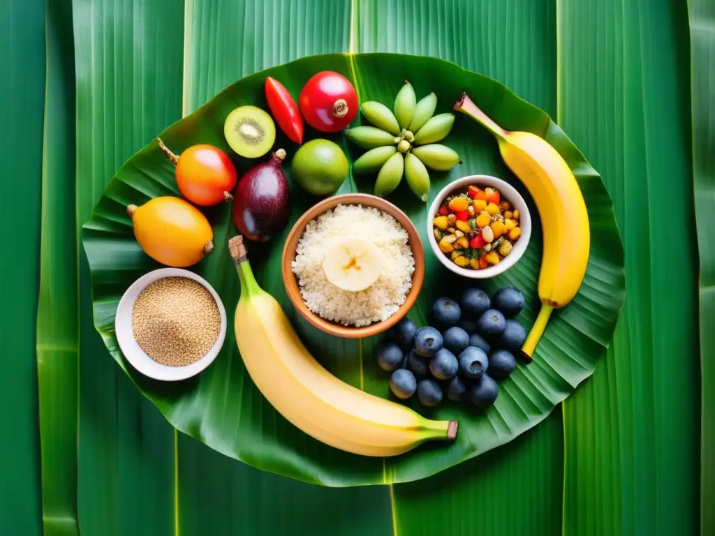 Una comida indígena tradicional y colorida sobre hoja de plátano tejida